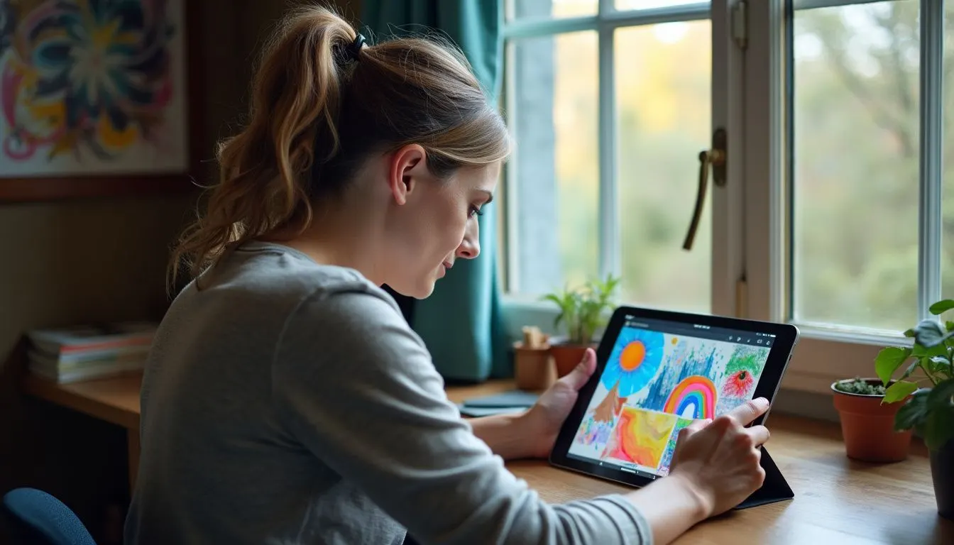 A person sits at a desk, using a tablet to create colorful images.