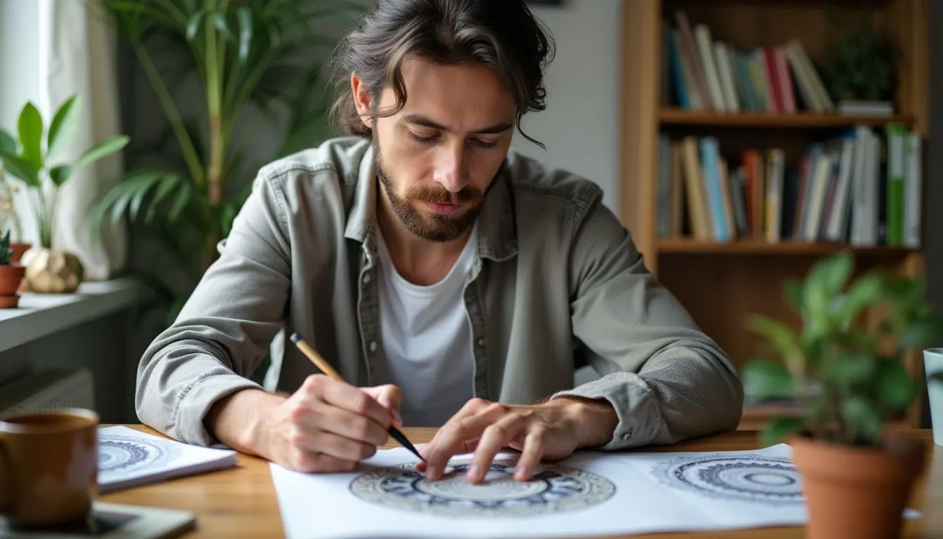 An adult is sitting at a cozy desk, coloring an intricate mandala with a focused expression.