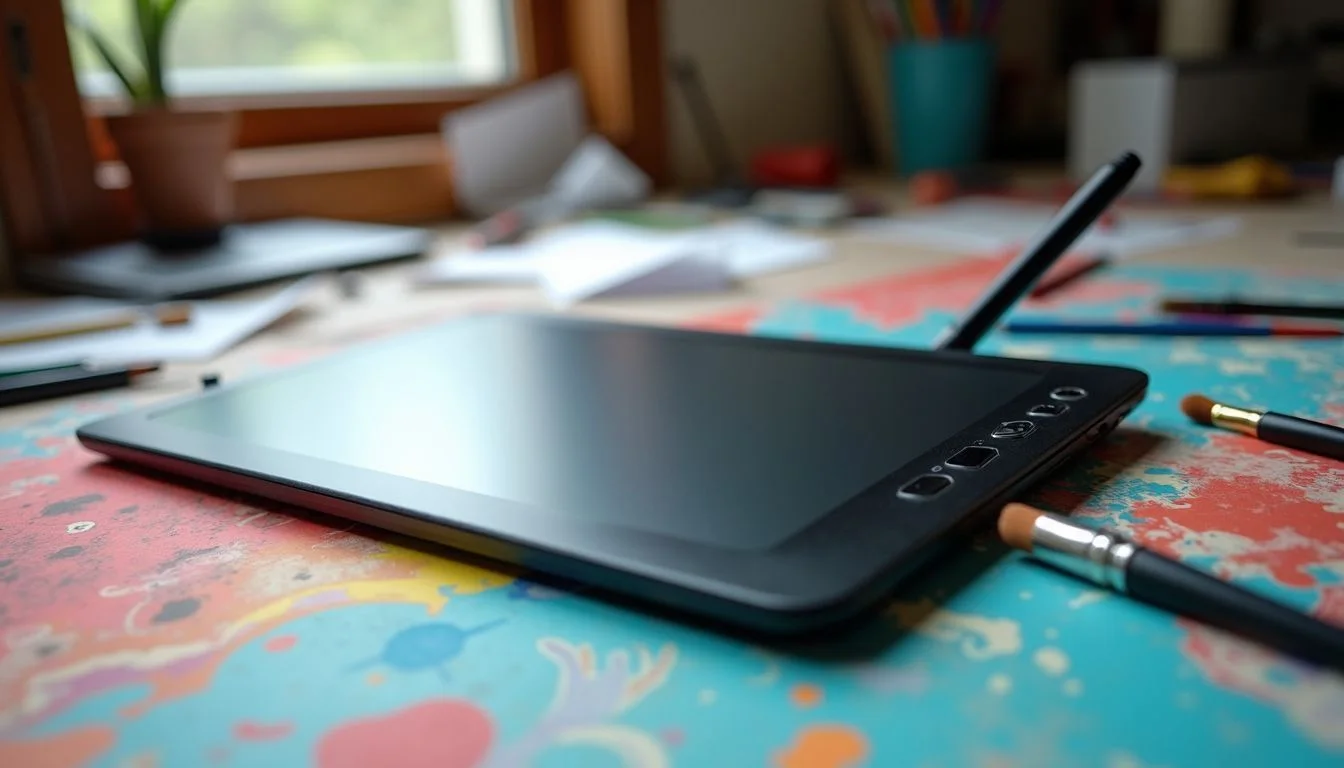 A digital drawing tablet surrounded by colorful brushes and art supplies on a cluttered workspace.