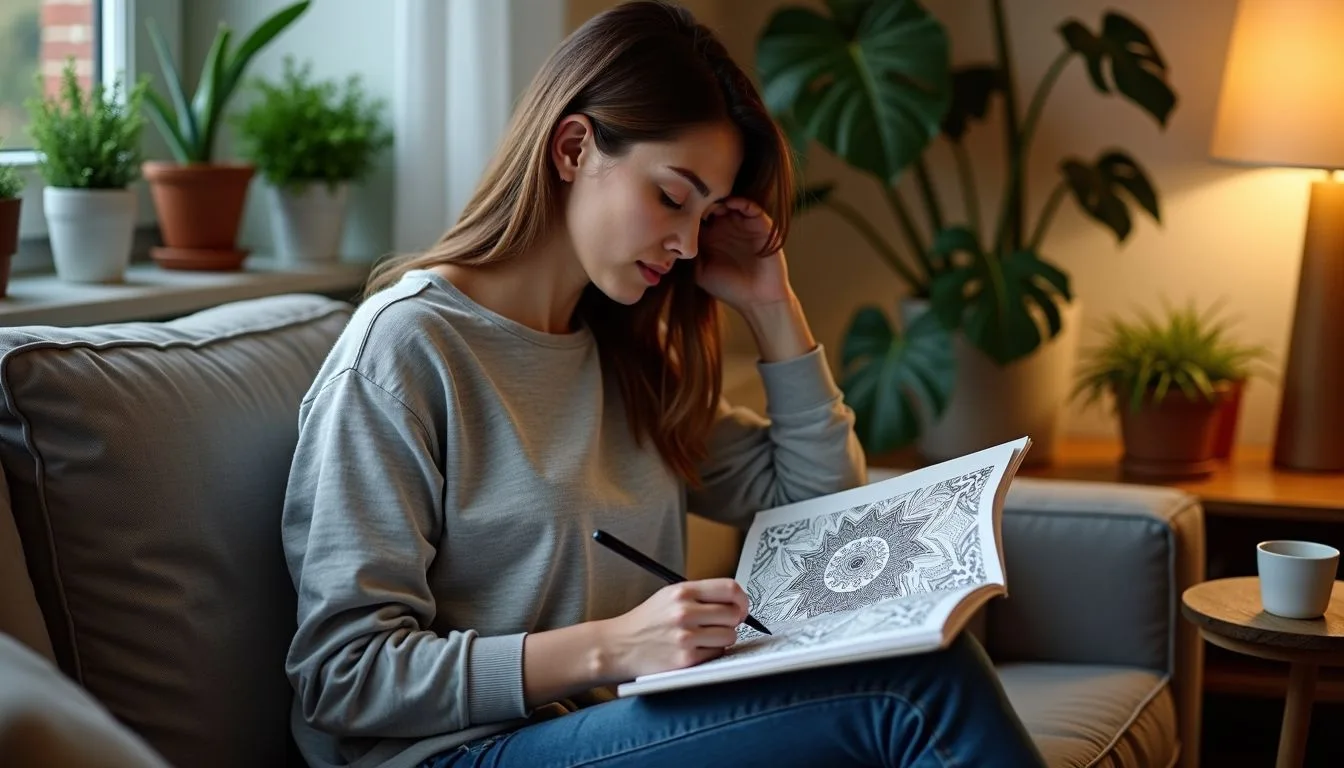 A woman in her 30s sits on a cozy couch, coloring in a book surrounded by plants and a cup of tea.