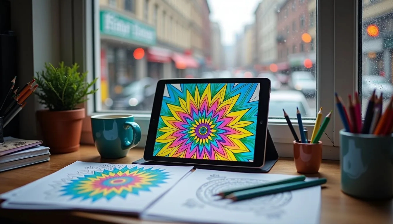 A cluttered desk with a digital coloring app open, surrounded by colored pencils, a mug of coffee, and a rainy city street outside.